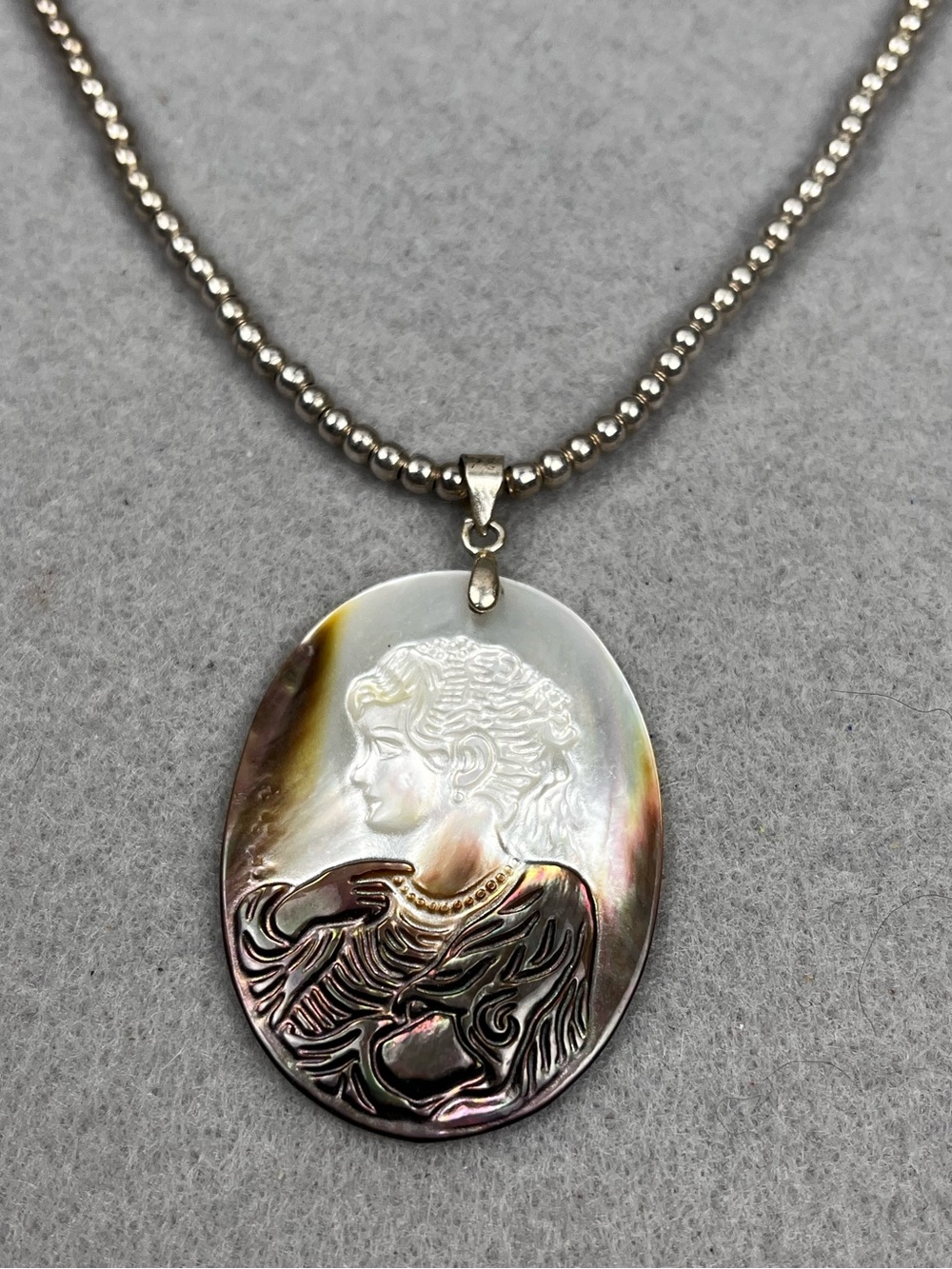 Vintage Sterling Silver Necklace Cameo Carved Black Lip Mother of Pearl Pendant